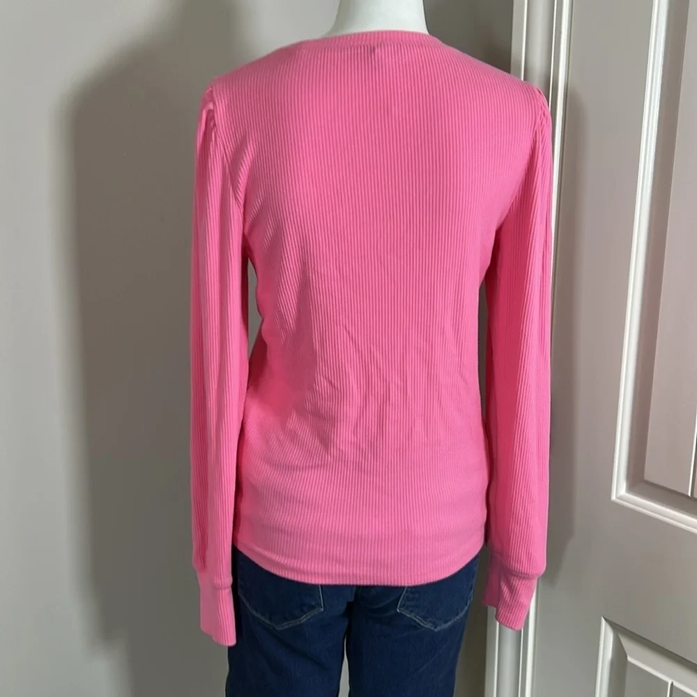 J Crew Vintage rib puff sleeve top Pink lightweight cotton long sleeve Sz L